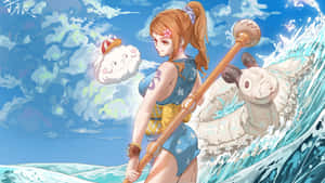 動漫女孩拿錘子騎海波浪，有羊同伴，藍天背景 — 動漫桌面 壁紙