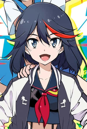 動漫女孩穿著校服微笑，帶有紅色挑染和色彩繽紛的背景。 — 小米18 Fold 壁紙