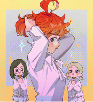三個穿著校服的動漫女孩，其中一個中心人物微笑著，兩個較小的女孩崇拜地抬頭看著。 — Galaxy Z Fold 壁紙