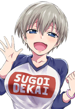 灰色頭髮和藍色眼睛的動漫女孩，穿著「Sugoi Dekai」襯衫，開心地揮手。 — 搞笑動漫 壁紙