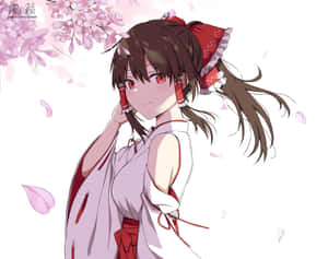 紅眼睛、棕色頭髮的動漫女孩在飄落的櫻花下。 — 可愛動漫女孩 壁紙
