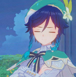 動漫女孩，藍色辮子和綠色帽子，在藍天下微笑。 — 原神 壁紙