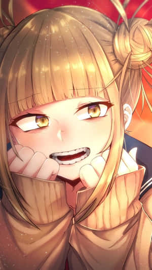金髮金眼的動漫女孩，捧著臉頰微笑。 — トガ 壁紙