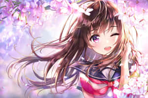 長棕色頭髮和紫色眼睛的動漫女孩在粉紅色櫻花下微笑。 — 可愛動漫女孩 壁紙