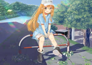 橙色頭髮的動漫女孩坐在陽光普照的公園欄杆上，周圍有綠樹和游泳池。 — 細胞的工作 壁紙