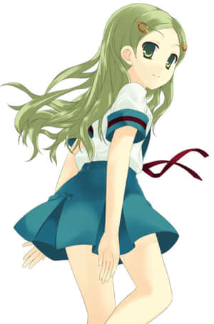 動漫女孩穿著校服，綠色頭髮和綠色眼睛微笑 — 可愛的動漫角色 壁紙