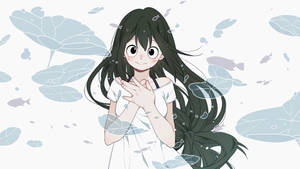 穿著白色連衣裙的動漫女孩，在水下被荷葉和魚兒包圍。 — 艾莉塔：戰鬥天使 壁紙