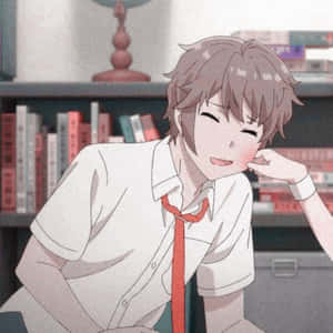 動漫男孩穿著白襯衫和紅色領帶，在書架旁微笑著用手托著下巴。 — 可愛動漫頭貼 GIF 壁紙