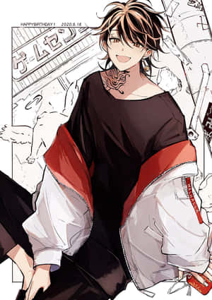 動漫男孩，棕色頭髮和頸部刺青，微笑著穿著黑色襯衫和帶紅色點綴的白色外套。 — 東京卍復仇者漫畫 壁紙