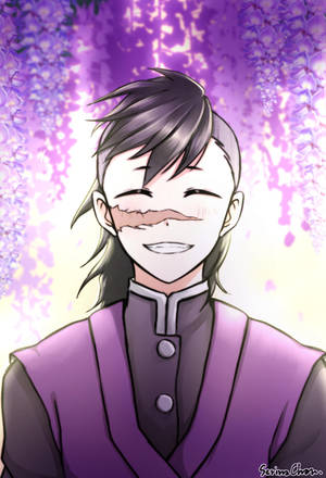 穿著紫色衣服的動漫角色在紫色紫藤花下微笑。 — 美麗的動畫 壁紙