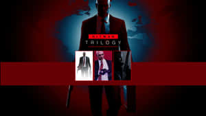 《Hitman Trilogy》遊戲封面，展示一個戴面具的刺客穿著紅色西裝，背景是世界地圖。 — OLED 壁紙