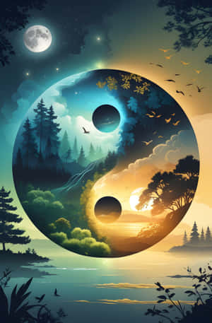 陰陽符號顯示對比的夜晚和白天自然場景，包含森林、河流和鳥類。 — 極高畫質 壁紙