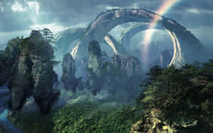 奇幻山拱門與彩虹在霧林 — 潘朵拉 壁紙