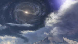 在旋轉的螺旋星系和戲劇性的雲層下的白雪覆蓋的山峰。 — 最後一戰： Reach 壁紙