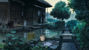 雨中的日本鄉村，木屋和石徑被茂密綠植環繞。 — 阿基拉 壁紙