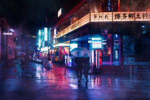 兩個人在傘下行走，在雨夜霓虹燈照亮的城市街道上。 — 愛情故事 壁紙