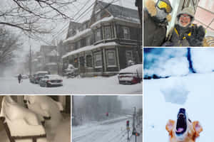 一個雪景拼貼畫，特色是一隻在雪中吠叫的狗、被雪覆蓋的房屋和汽車，以及享受冬天的人們。 — 酷寒冬季 壁紙