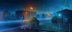 夜晚空蕩蕩的停車場，有霧和發光的街燈。 — 雪景 GIF 壁紙
