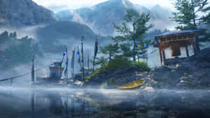 山間湖泊，有神社、經幡和黃色小船，在霧氣瀰漫的晨光中 — 船 壁紙