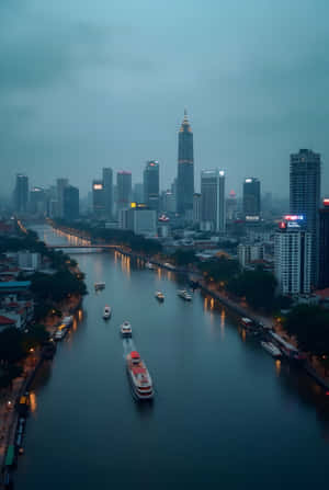 一條有船隻的河流穿過一個高樓林立的城市，天空多雲，暮色蒼茫。 — 極高畫質 壁紙