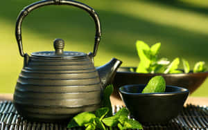 黑色陶瓷茶壺和杯子，搭配薄荷葉，放在戶外竹墊上。 — 2560x1600 壁紙