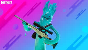 青綠色Fortnite角色在彩色漸變背景上手持狙擊步槍。 — 酷炫的《要塞英雄》 壁紙