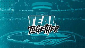 青綠色體育場，人群和跑道，粗體文字 'TEAL TOGETHER'。