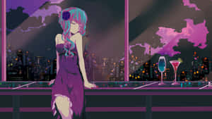 穿著紫色連衣裙的動漫女孩在霓虹酒吧俯瞰城市夜景 — 可愛動漫女孩 壁紙