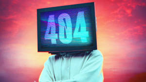 頭部為電視的人顯示404錯誤，背景為日落天空 — iMac 壁紙