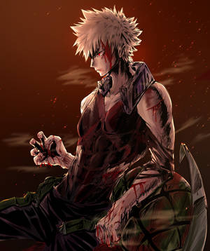 動漫角色雙手和臉沾滿鮮血，坐在暗紅色的戰場上。 — Galaxy Z Fold 6 壁紙