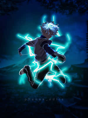 動畫男孩在深藍色夜景中帶著發光的電能跳躍。 — 奇犽 壁紙
