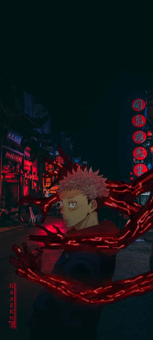 在夜晚霓虹燈照亮的日本街道上，帶有紅色鎖鏈的動漫角色。 — 曉 鼬 壁紙