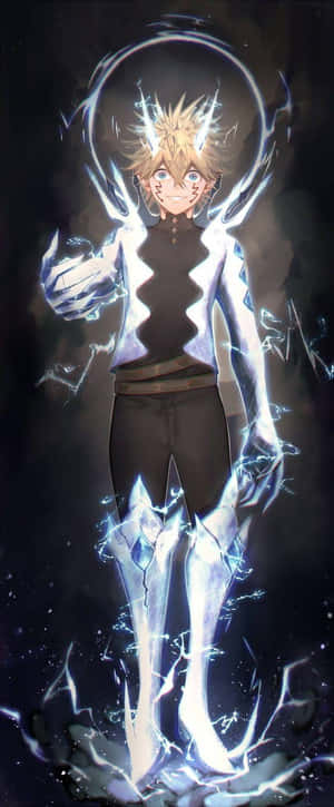 動畫男孩在黑暗背景中被噼啪作響的藍色閃電能量包圍。 — 拉克·波尔提亚 壁紙
