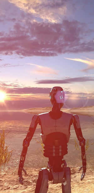 一個機器人在沙漠中，夕陽下，天空呈現紫色和橙色。 — 電玩遊戲 GIF 壁紙