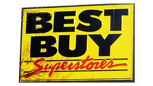 一個復古Best Buy Superstores招牌，玻璃破裂，粗體字。