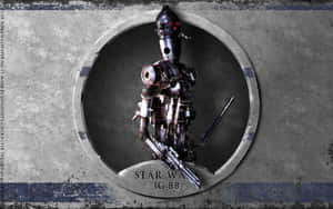 IG-88賞金獵人機器人在圓形框架中手持爆能槍。 — 星際大戰 壁紙