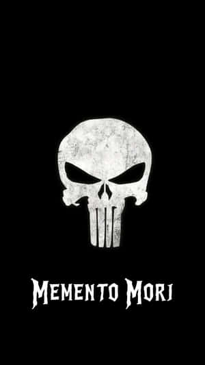 白色骷髏標誌，帶有 'MEMENTO MORI' 文字，位於黑色背景上。 — 死亡 壁紙