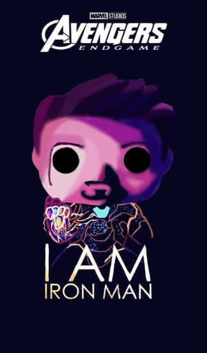 Funko Pop鋼鐵人，帶有發光手套和'I AM IRON MAN'文字。 — Galaxy Tab A11 壁紙
