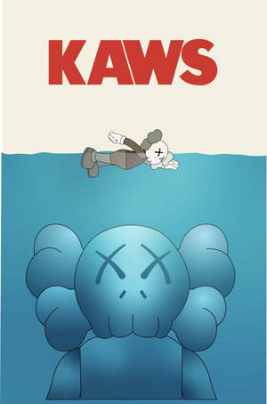 KAWS角色漂浮在水面上，下方有大型藍色KAWS人物浮現。