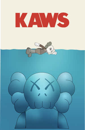 KAWS角色漂浮在水面上，大型藍色KAWS人物從下方浮現。 — 街頭藝術 壁紙