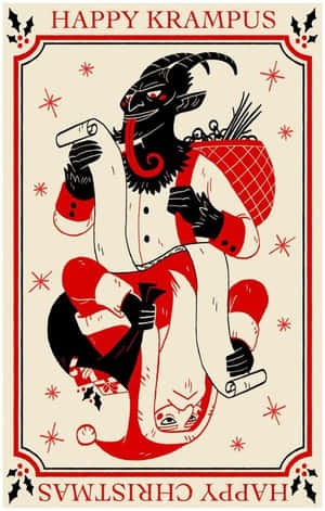 身穿紅白節日服裝的Krampus拿著一個袋子和一卷卷軸。 — 邪惡聖誕老人 壁紙