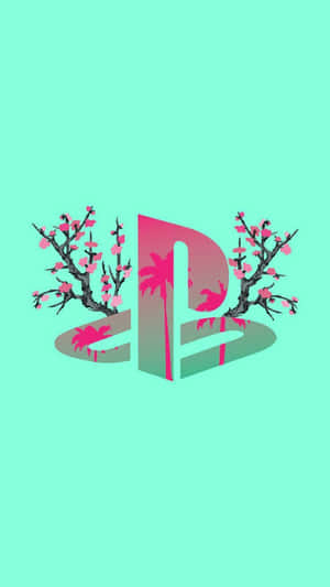 PlayStation標誌以櫻花和棕櫚樹裝飾在薄荷綠色上。 — 遊戲 壁紙