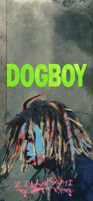 一個帶有辮子和藍色臉部彩繪的人物肖像，附有綠色文字 DOGBOY。 — Galaxy A56 壁紙