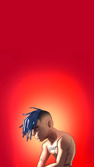 擁有藍色辮子頭和刺青的動漫角色在紅色漸層背景前低著頭 — Xxxtentacion 卡通 壁紙