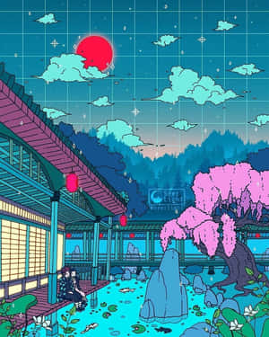 兩個人在傳統門廊上，在紅色的太陽下，有粉紅色的櫻花和發光的燈籠。 — 櫻島麻衣 壁紙