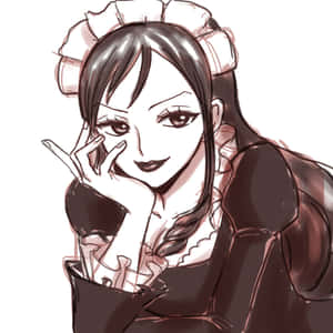 動漫女僕女孩微笑，手放在下巴下，素描風格。 — 小莫娜 壁紙