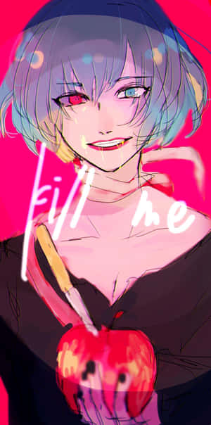 擁有不同顏色眼睛的動漫女孩，拿著一個被刀刺穿的蘋果。 — Pixel 3 壁紙