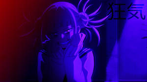 動漫女孩，紫色頭髮和紅色眼睛，在霓虹燈下微笑。 — 可愛動漫頭貼 GIF 壁紙