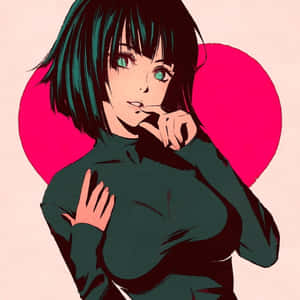動漫女孩，青色頭髮和綠色眼睛，在粉紅色心形背景前將手指放在嘴唇上擺姿勢。 — 火焰與冰 壁紙