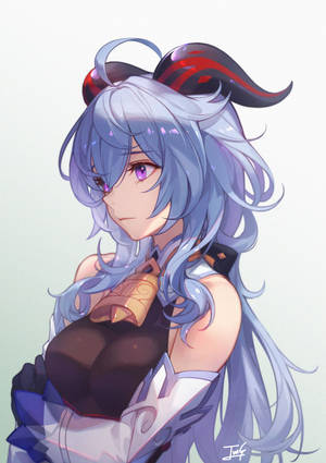 藍色頭髮和紅色角的動漫女孩，穿著幻想服裝 — 動漫 壁紙